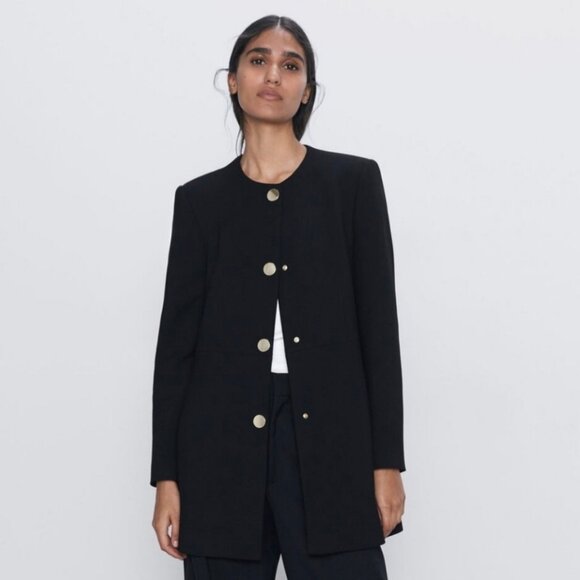 NEW Zara Gold Snap Button Frock Coat Black Size Small NWT - Picture 1 of 7